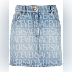 Giani La Vacanza Medusa denim jean mini skirt all-over print logo Y2K faded acid